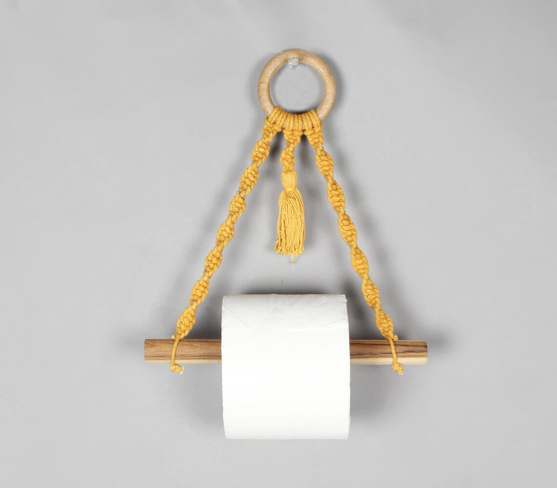 Macrame & Wood Mustard Hanging Roll Holder